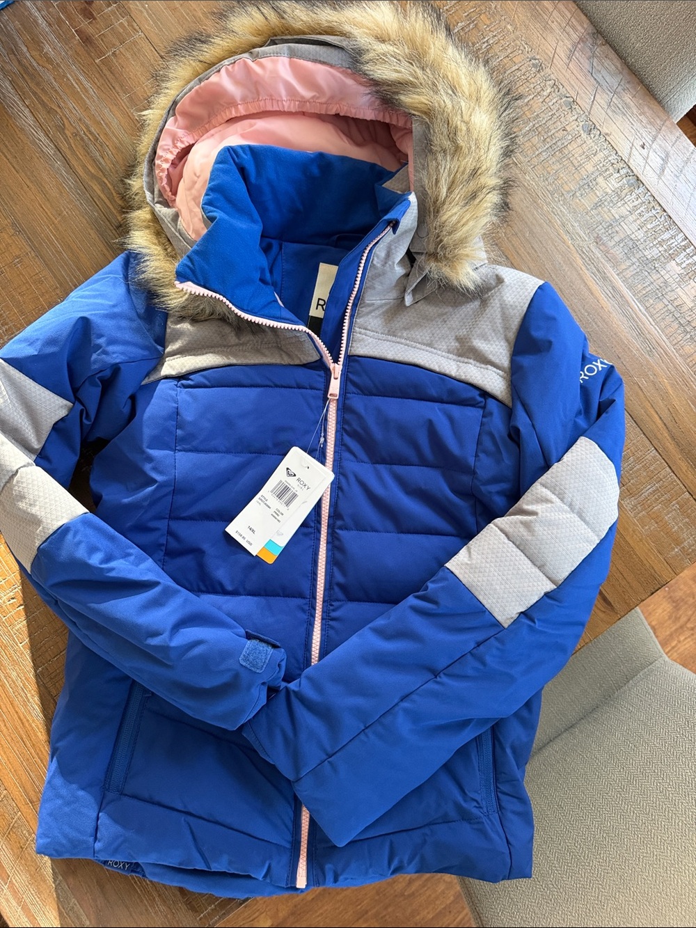 Roxy Blue and Light Gray Girls' Hooded Puffer Jacket with Faux-Fur Trim